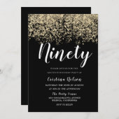 Golden Glitzer Black Mens oder Womans 90. Geburtst Einladung (Vorne/Hinten)