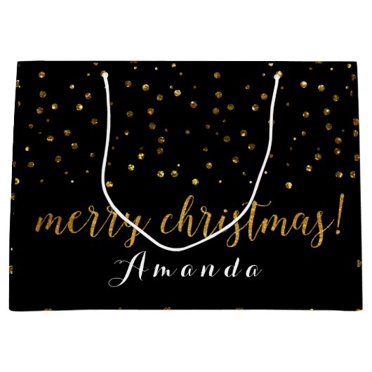 Golden Glitzer Black Merry Christmas Polka Dots Große Geschenktüte (Vorderseite)
