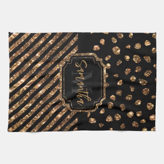 Golden Glitzer Dots and Stripes Geschirrtuch (Horizontal)