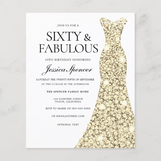 Golden Glitzer Dress 60. Geburtstag Einladung (Vorderseite)