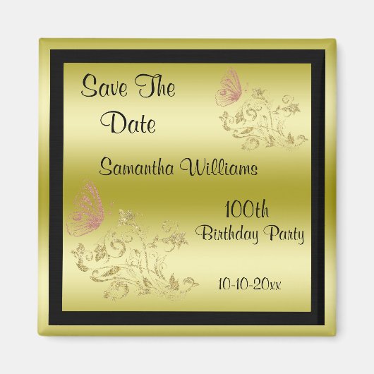 Golden Glitzer & Funkelnd Butterfly 100. Geburtsta Magnet (Vorne)