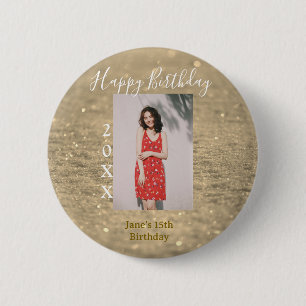 Golden Glitzer glücklich 15. Geburtstag Foto Jahr Button
