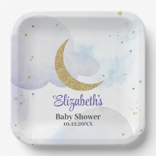 Golden Glitzer Moon Babydusche Pappteller (Vorderseite)
