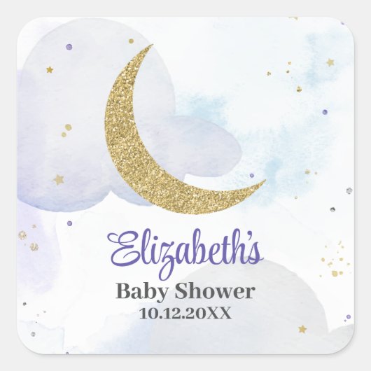 Golden Glitzer Moon Babydusche Quadratischer Aufkleber (Vorderseite)