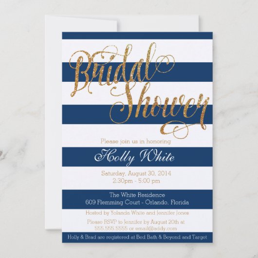 Golden Glitzer Navy Stripe Bridal Dusche Einladung (Vorderseite)