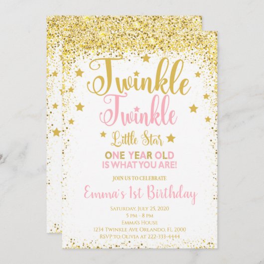 Golden Glitzer Twinkle Little Star Birthday Einlad Einladung (Vorne/Hinten)