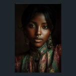 Golden Glow Melanin Regal Headscarf Portrait Poster<br><div class="desc">Golden light caresses rich brown skin, illuminating sharp cheekbones, glossy lips, and intense dark eyes beneath a luxurious emerald-magenta-gold paisley headscarf. Elaborate antique gold earrings with dangling gems frame her face, while the high-neck embroidered garment in jewel tones adds regal texture and depth. The intimate close-up against a moody dark...</div>