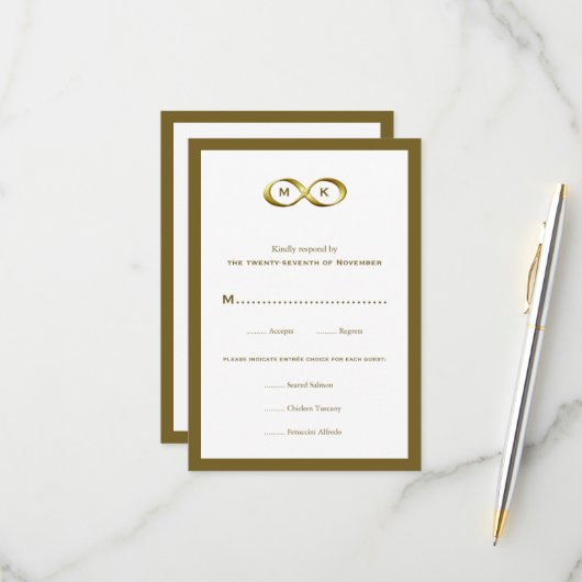 Golden Gold Infinity Hand Clasp Monogram Wedding RSVP Karte (Vorderseite/Rückseite Beispiel)