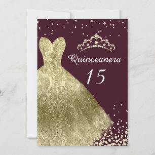 Golden Gown Burgundy Back Quinceanera Party 15. Einladung