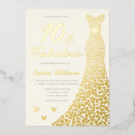 Golden Gown, Fabulous 70th Birthday Dress Gold Folieneinladung (Vorderseite)