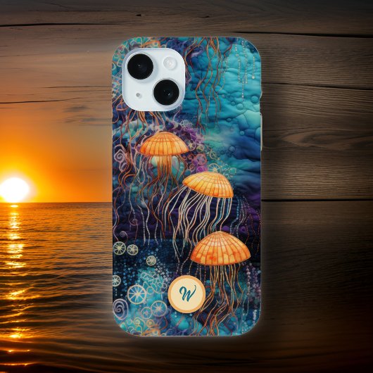 Golden GracefJellyfish in Ocean w Monogram Initial Case-Mate iPhone Hülle