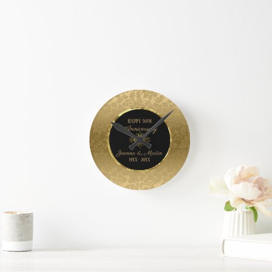 Golden Gradient Damask Patronenjubiläum Runde Wanduhr (Zuhause)