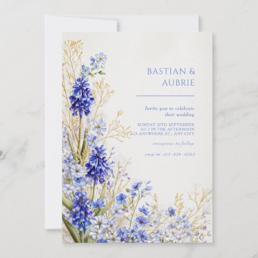 Golden Grass Blue Muscari Botanical Spray Wedding Einladung (Vorderseite)