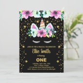 Golden Green Black Unicorn Einladung zum Geburtsta (Stehend Vorderseite)