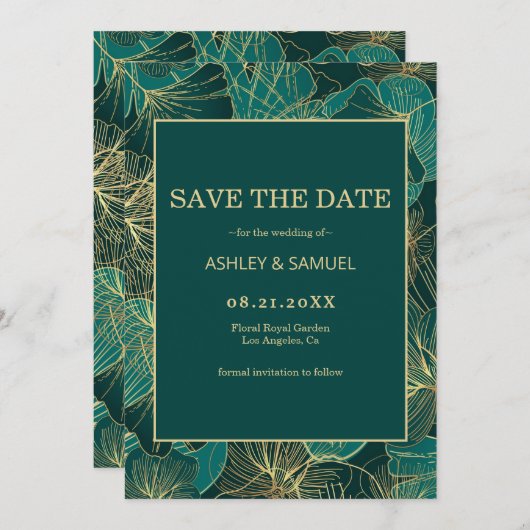 Golden & Green Blätter Save The Date (Vorne/Hinten)