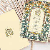 Golden & Green Florals Jugendstil Hochzeit Einladung