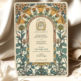 Golden & Green Florals Jugendstil Hochzeit Einladung