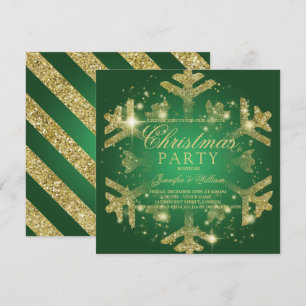 Golden & Green Glitzer Snowflake Weihnachts-Party Einladung