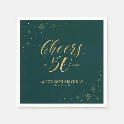 Golden & Green Modern Cheers 50. Geburtstagsparty Serviette (Vorderseite)