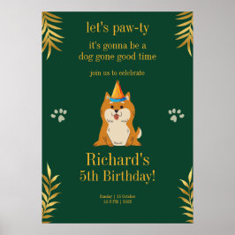 Golden Green Puppy Dog Kid's Birthday Poster