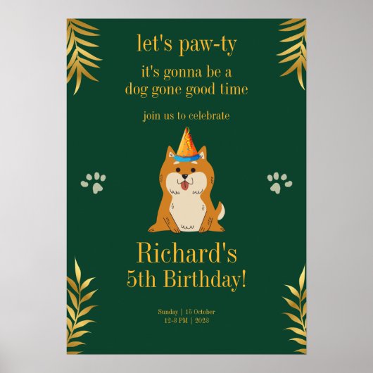 Golden Green Puppy Dog Kid's Birthday Poster (Vorne)