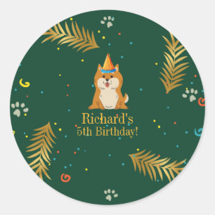 Golden Green Puppy Dog Kid's Birthday Runder Aufkleber