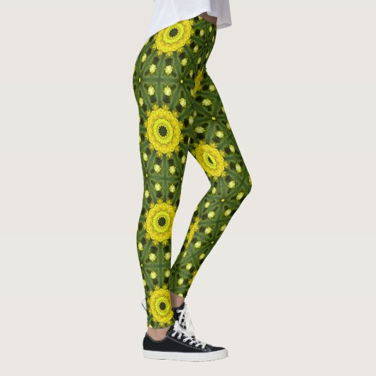 Golden Green Sunburst Kaleidoscope Blumenmuster Leggings (Rechts)