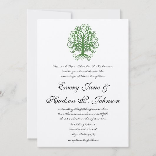 Golden Green Swirl Tree Roots of Liebe Wedding Inv Einladung (Vorderseite)