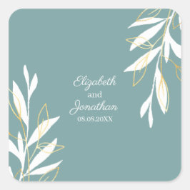 Golden Green Watercolor Blumenhochzeit Quadratischer Aufkleber