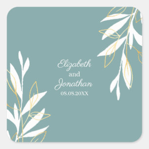 Golden Green Watercolor Blumenhochzeit Quadratischer Aufkleber