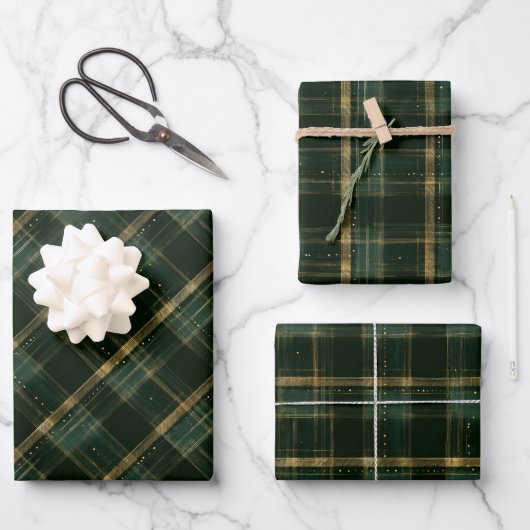 Golden Green Weihnachtsfeiertag Kariert Geschenkpapier Set (Vorderseite)