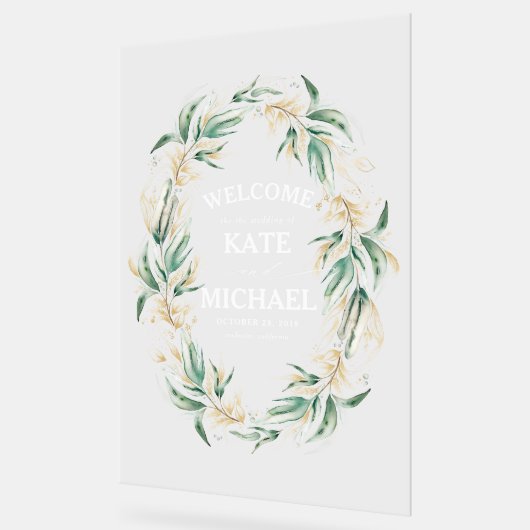 Golden Greenery Blätter Wreath Wedding Willkommen Acrylschild (Winkel)