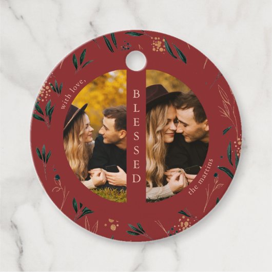 Golden Greenery Rot Zwei Foto Weihnachtsfeiertag Geschenkanhänger (Vorderseite)