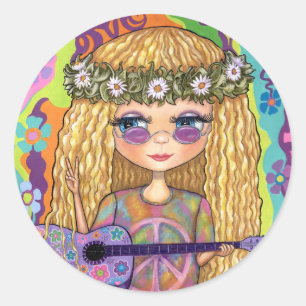 Golden Hair Hippie Picknickkorn Lila Gitarre Runder Aufkleber