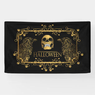 Golden Halloween Skull Ravens Banner