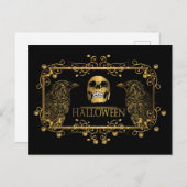 Golden Halloween Skull Ravens Postkarte (Vorne/Hinten)