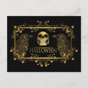 Golden Halloween Skull Ravens Postkarte