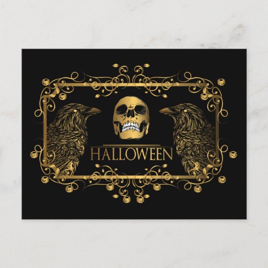 Golden Halloween Skull Ravens Postkarte (Vorderseite)
