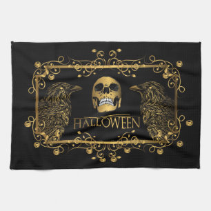 Golden Halloween Skulls Ravens Geschirrtuch