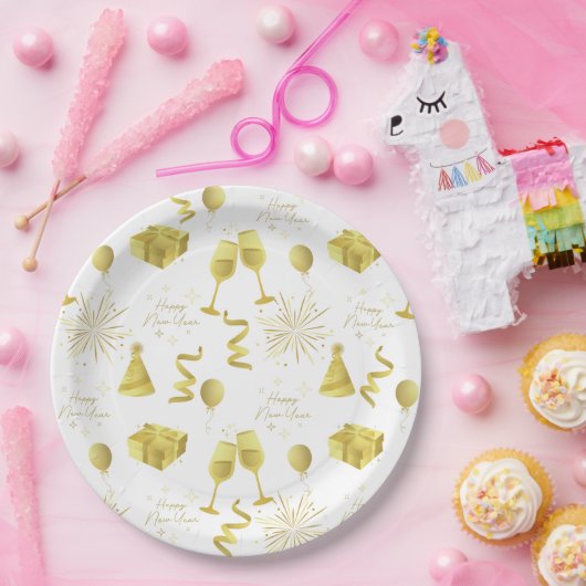 Golden Happy New Year Pattern Pappteller (Party)