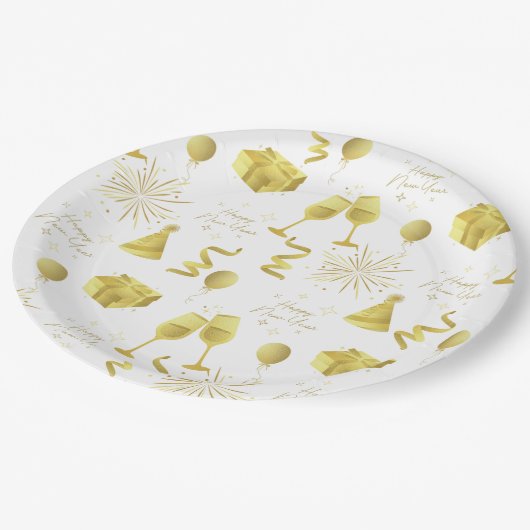 Golden Happy New Year Pattern Pappteller (Schrägansicht)
