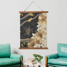 Golden Hawaiian Hibiskus und Tapa Fusion Wandteppich Mit Holzrahmen