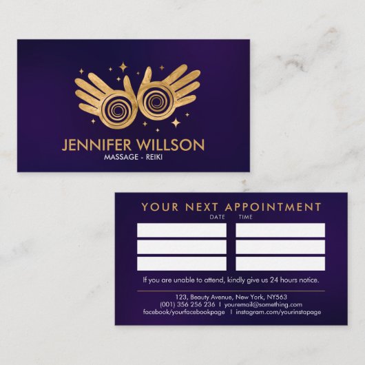 Golden Healing Hands Energy Spiral auf Violett Visitenkarte (Vorne/Hinten)