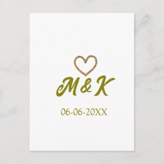 Golden heart wedding couple name letter modern  postkarte