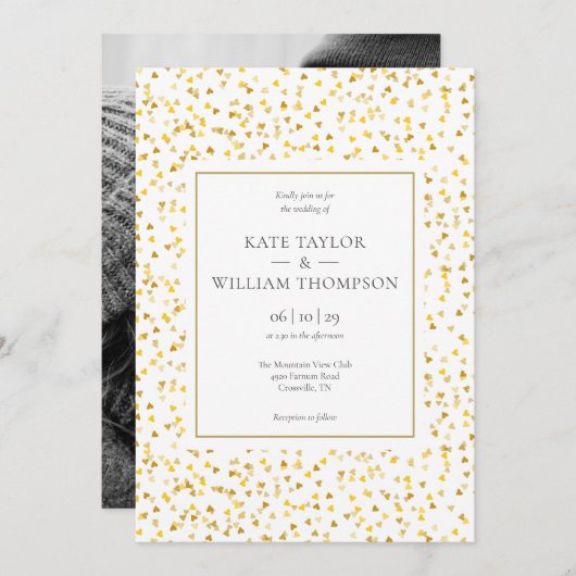 Golden Hearts Confetti Foto Hochzeit Einladung (Vorne/Hinten)