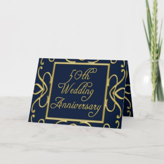 Golden Hearts On Blue 50. Hochzeitstag Karte
