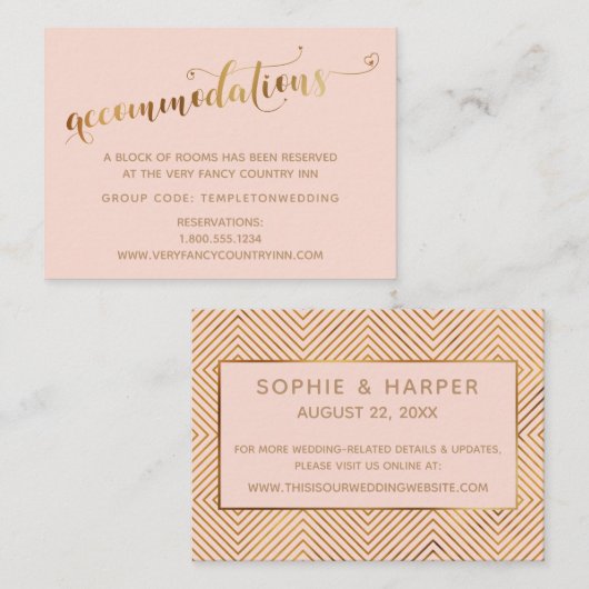 Golden Hearts Script Blush Hochzeitsunterkünfte Begleitkarte (Vorne/Hinten)