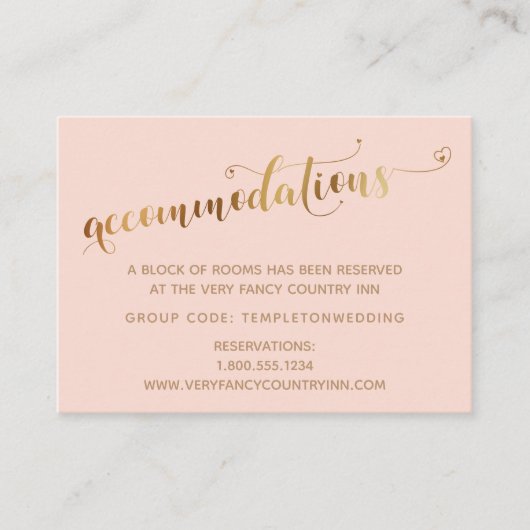 Golden Hearts Script Blush Hochzeitsunterkünfte Begleitkarte (Vorderseite)