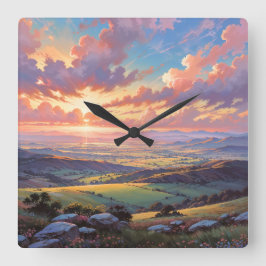 Golden Hills - Vibrant Landscape Illustration Quadratische Wanduhr