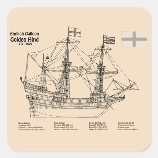 Golden Hind - Schiffskollektorpläne SD Quadratischer Aufkleber (Vorderseite)